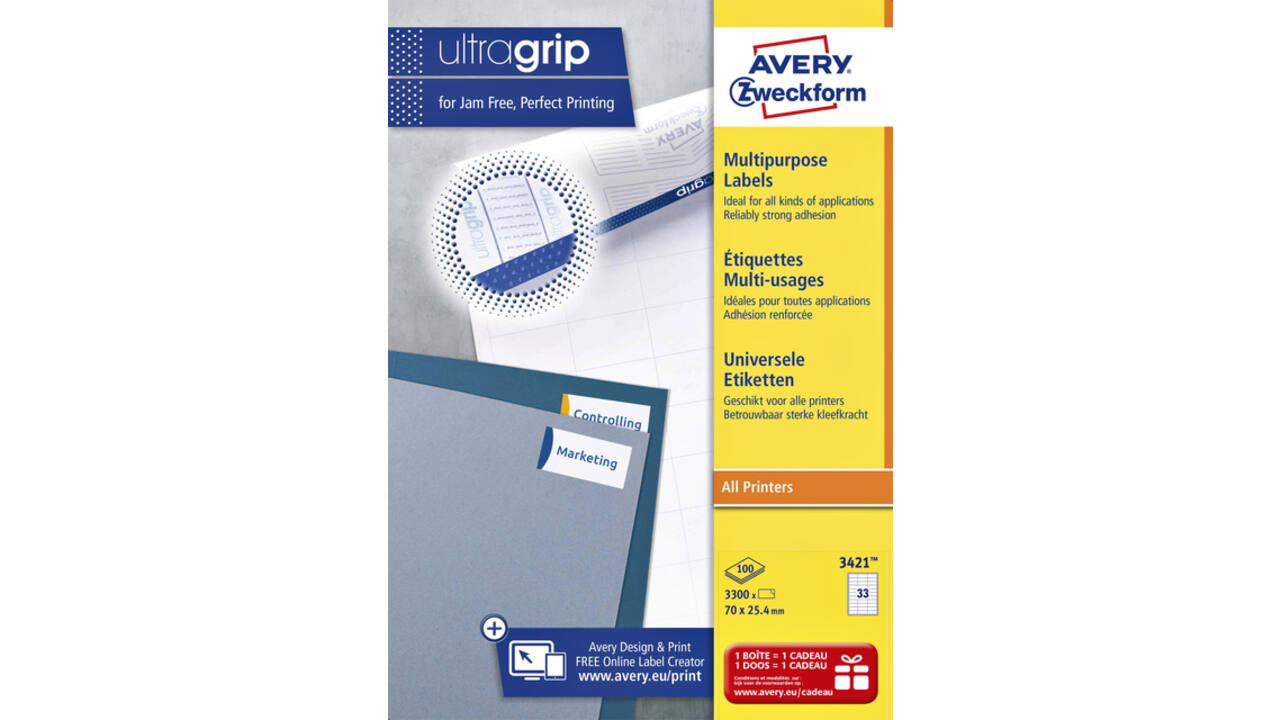 Etiket Avery Zweckform 3421 70x25.4mm wit 3300stuks
