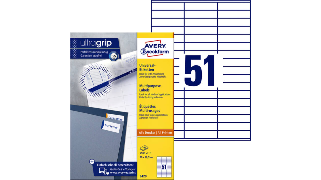 Etiket Avery Zweckform 3420 70x16.9mm wit 5100stuks