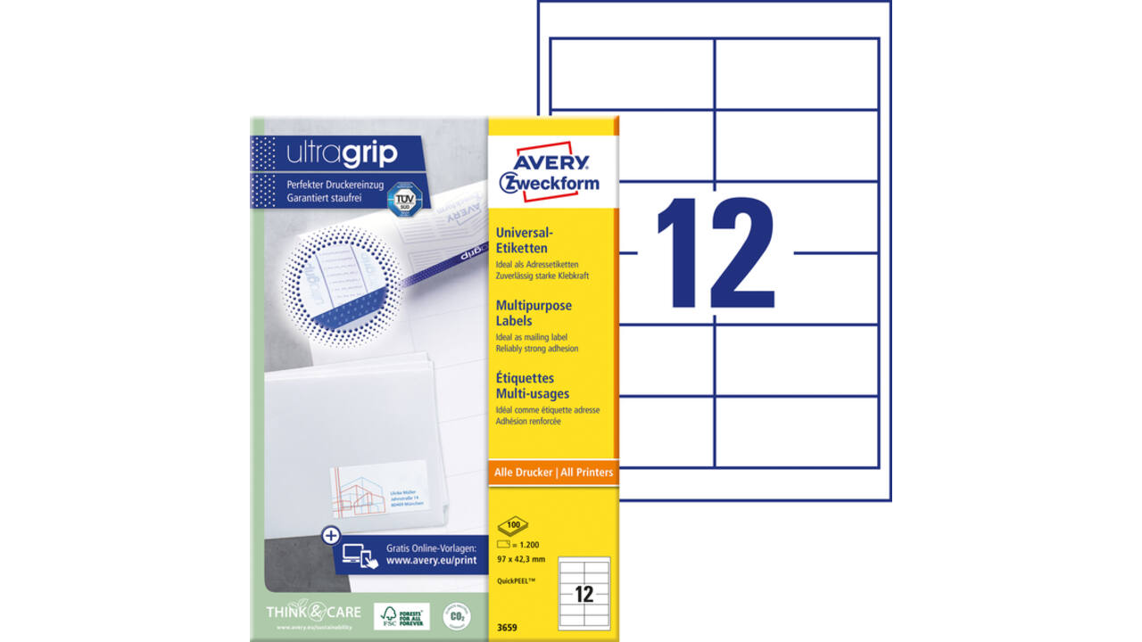 Etiket Avery Zweckform 3659 97x42.3mm wit 1200stuks
