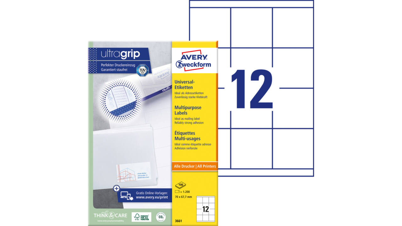 Etiket Avery Zweckform 3661 70x67.7mm wit 1200stuks
