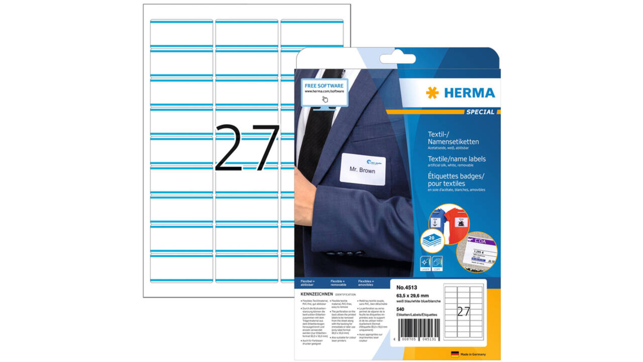 Naambadge etiket HERMA 4513 63.5x29.6mm wit/blauw