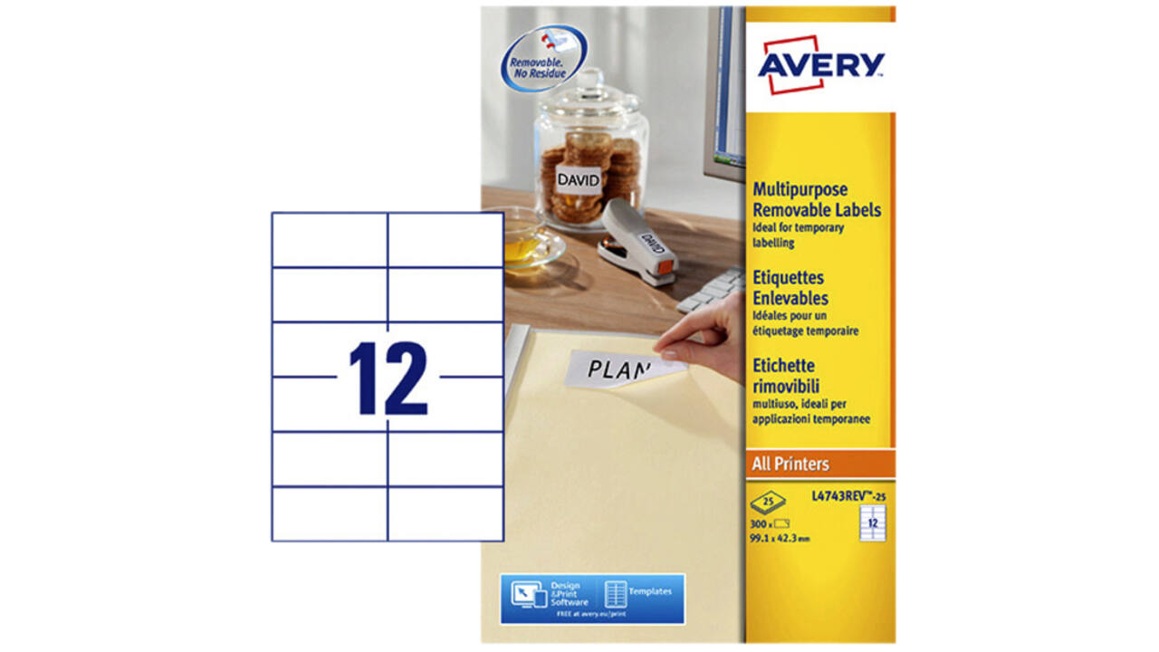 Etiket Avery L4743REV-25 99.1x42.3mm afneembaar wit 300stuks