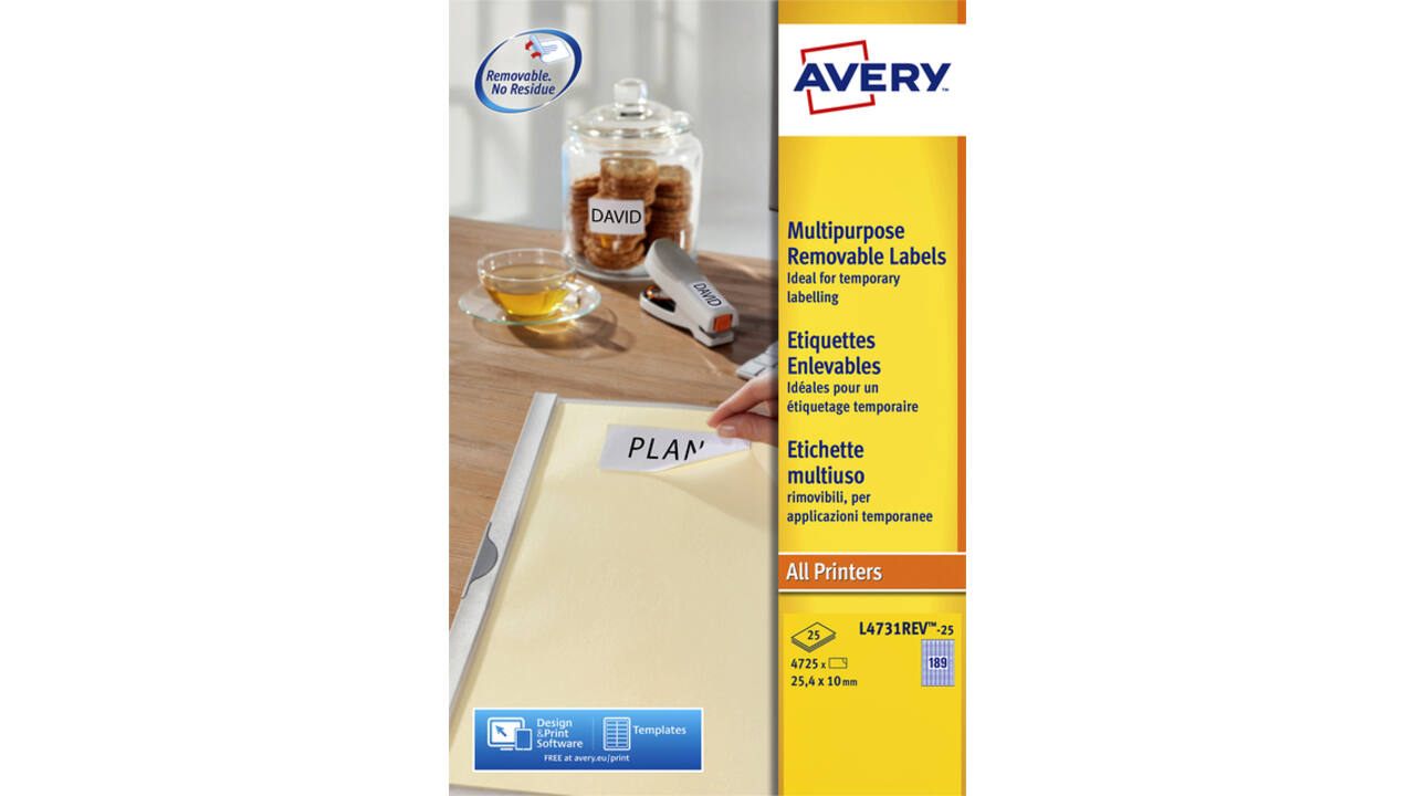 Etiket Avery L4731REV-25 25.4x10mm afneembaar wit 4725stuks