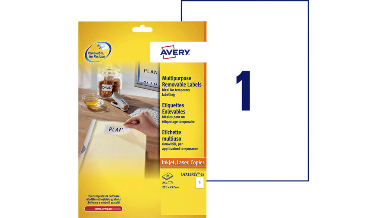 Etiket Avery L4735REV-25 210x297mm A4 afneembaar wit 25stuks