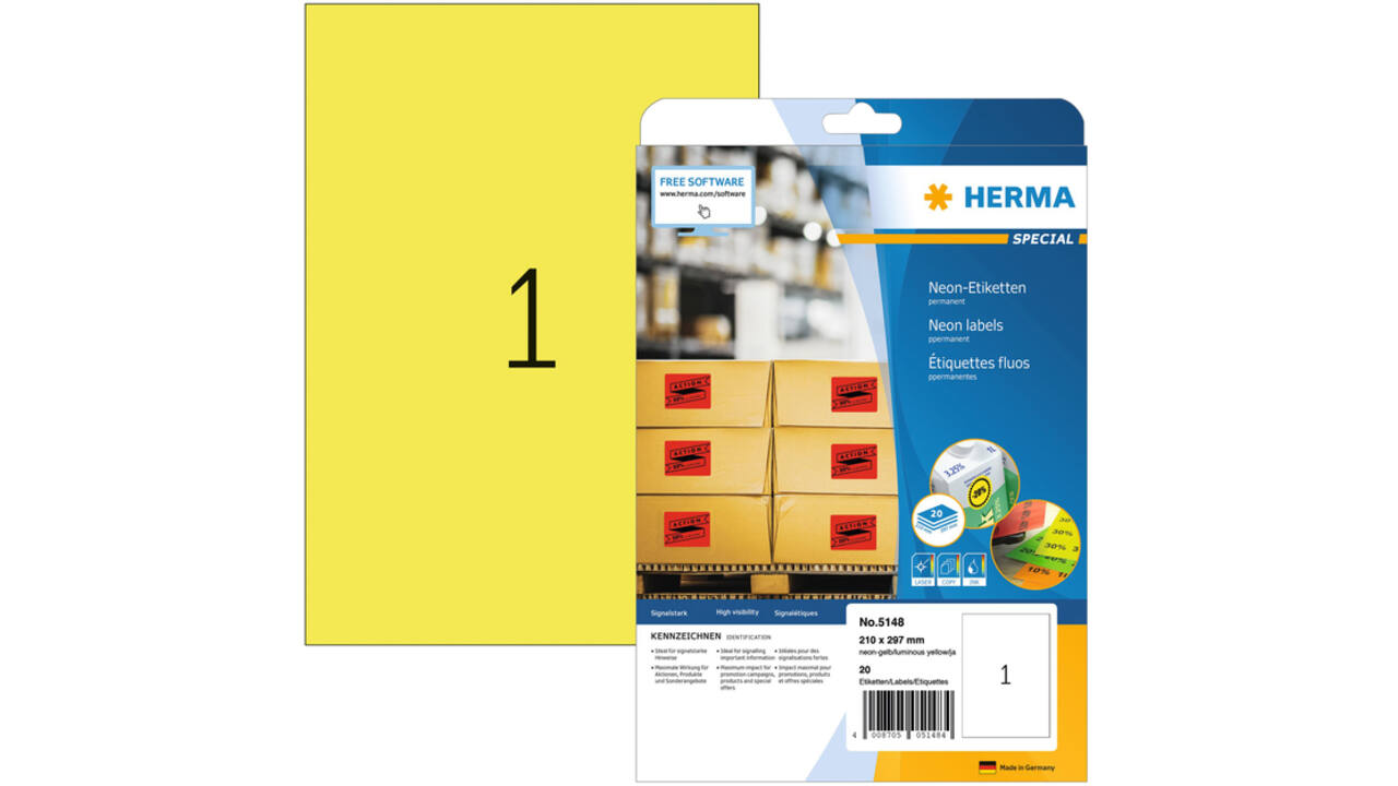 Etiket HERMA 5148 210x297mm A4 fluor geel 20stuks