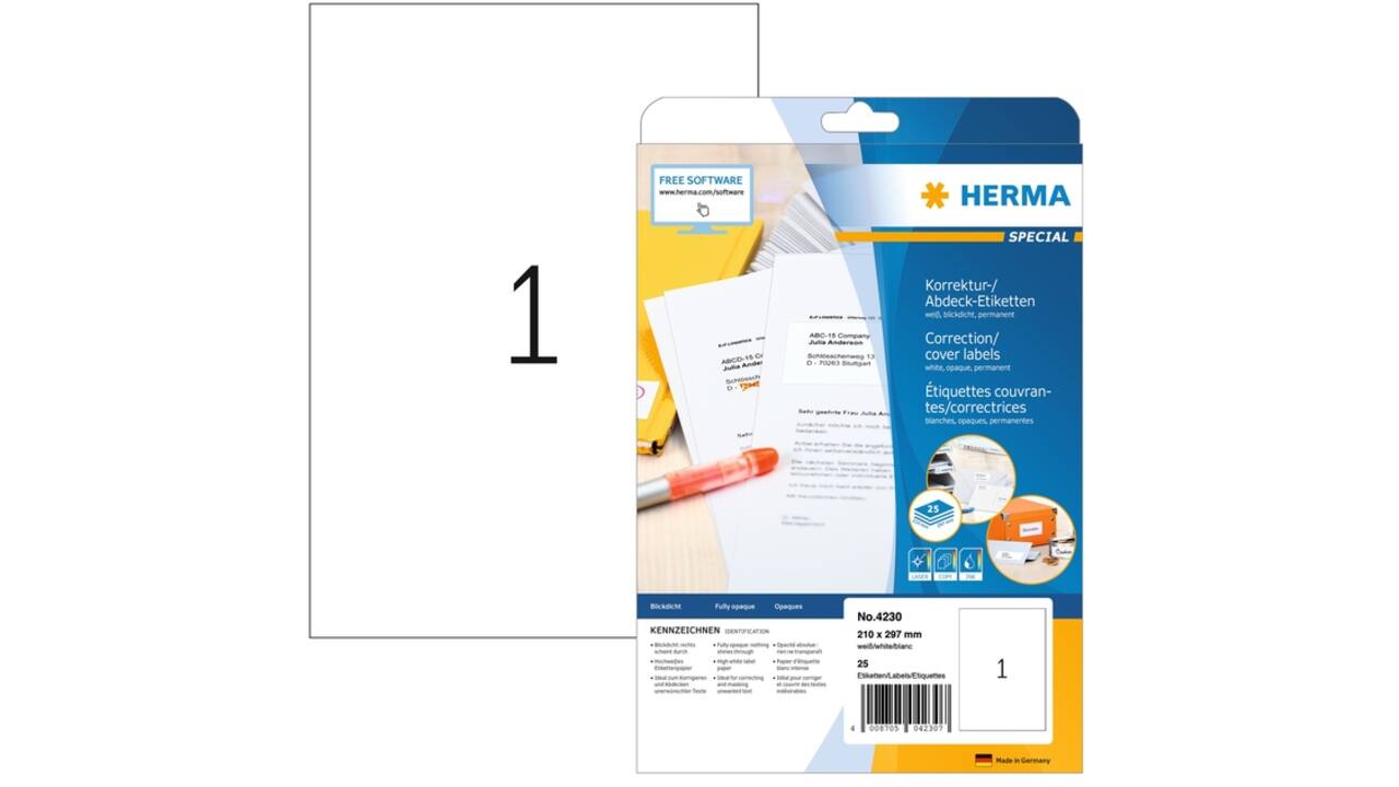 Etiket HERMA 4230 210x297mm A4 correctie wit 25stuks