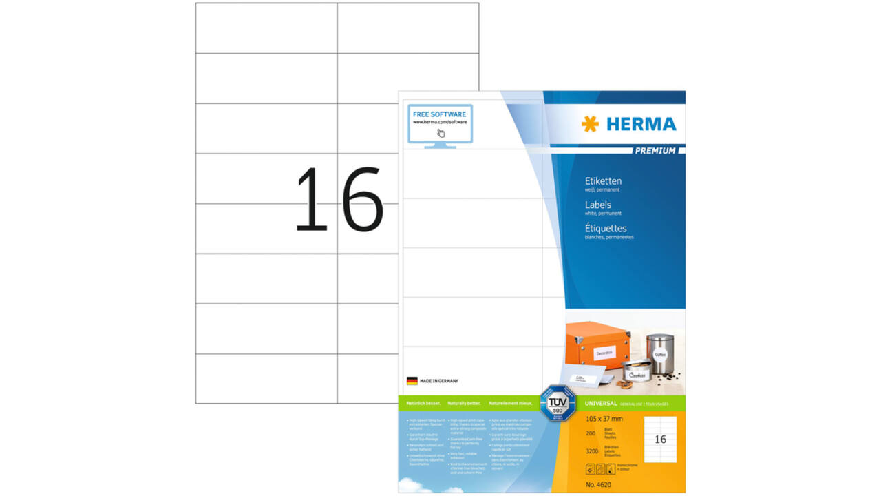 Etiket HERMA 4620 105x37mm premium wit 3200stuks