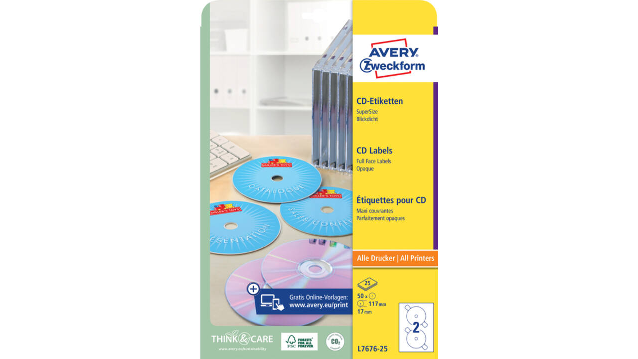 Etiket Avery L7676-25 CD full size mat wit 50stuks