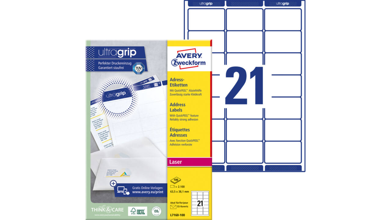 Etiket Avery L7160-100 63.5x38.1mm wit 2100stuks
