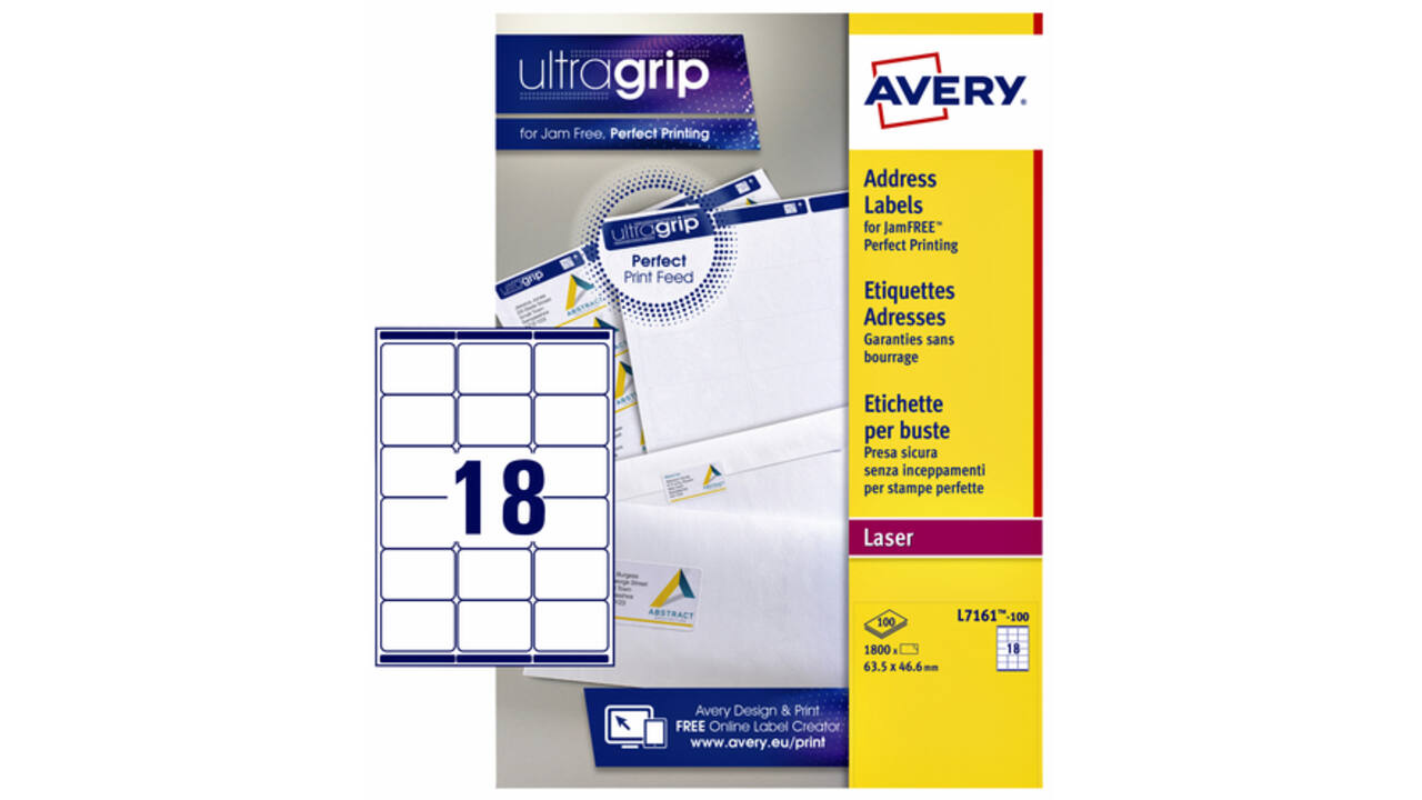 Etiket Avery L7161-100 63.5x46.6mm wit 1800stuks
