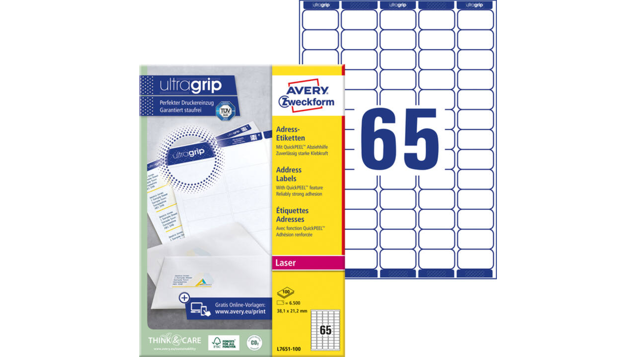 Etiket Avery L7651-100 38.1x21.2mm wit 6500stuks