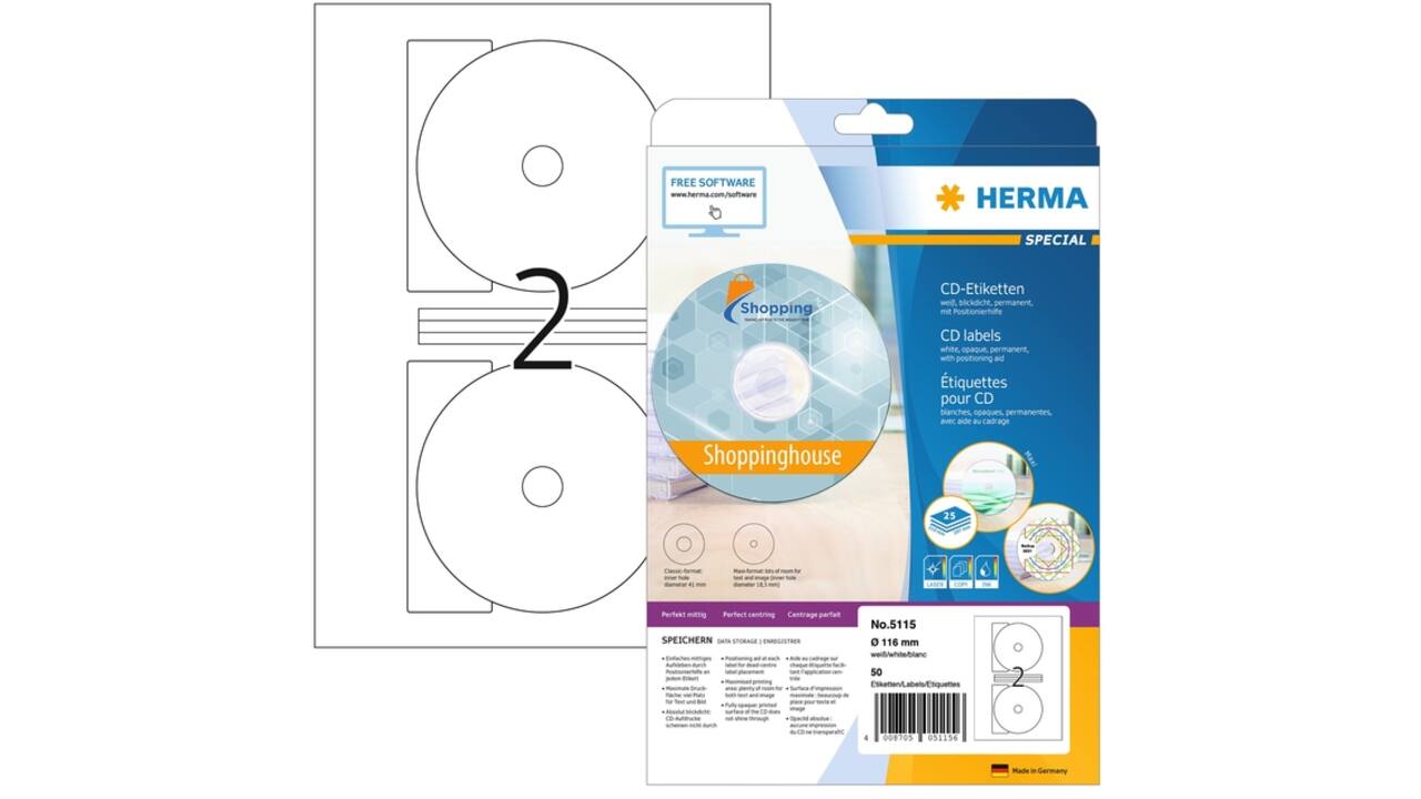 Etiket HERMA 5115 CD 116mm wit 50 stuks