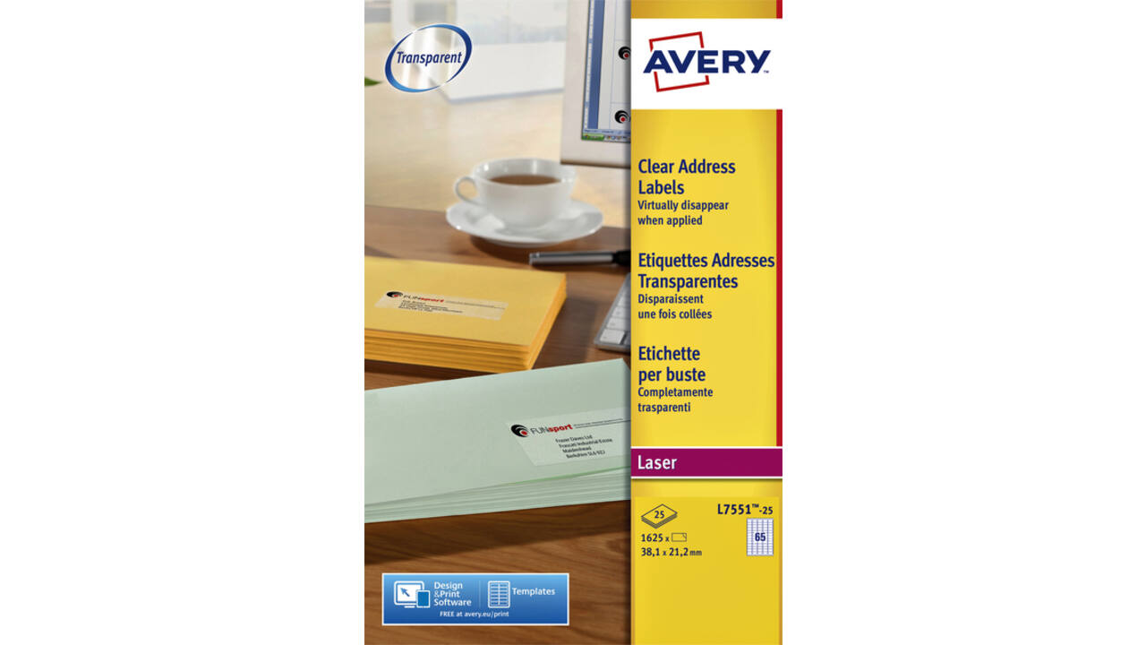 Etiket Avery L7551-25 38.1x21.1mm transparant 1625stuks
