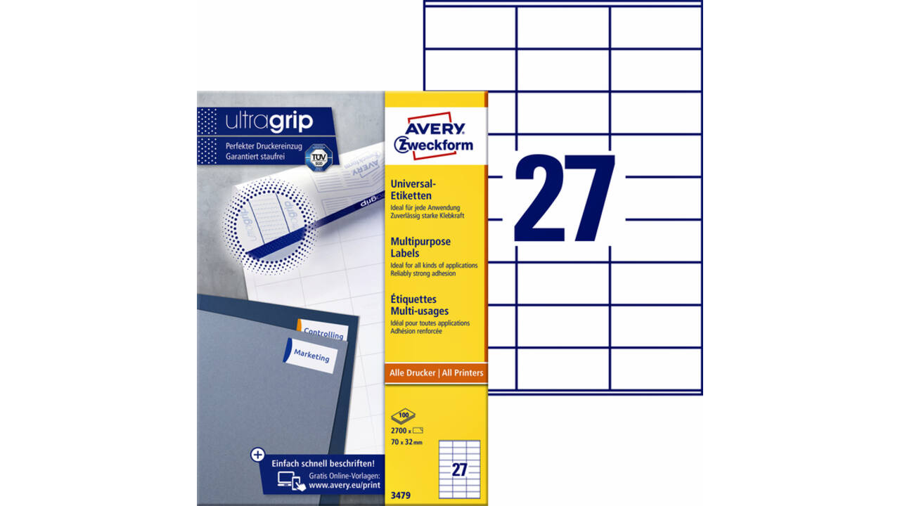 Etiket Avery Zweckform 3479 70x32mm wit 2700stuks