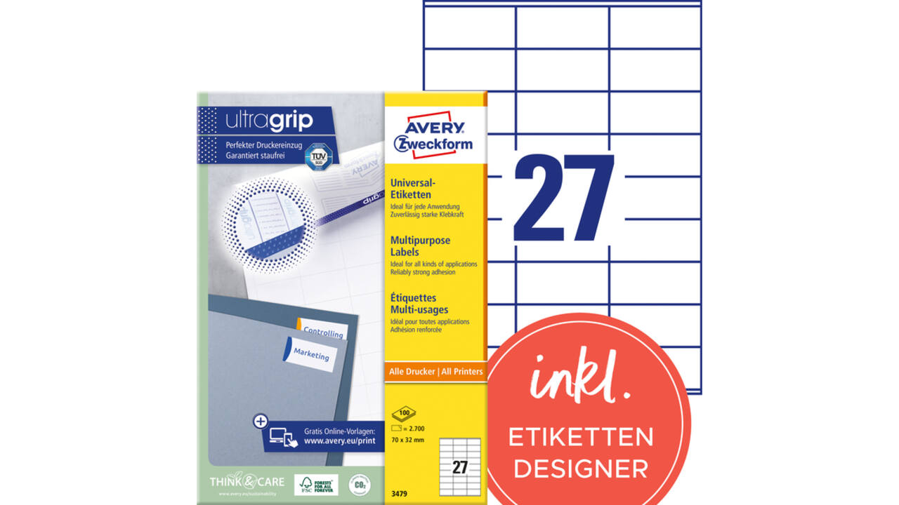 Etiket Avery Zweckform 3479 70x32mm wit 2700stuks
