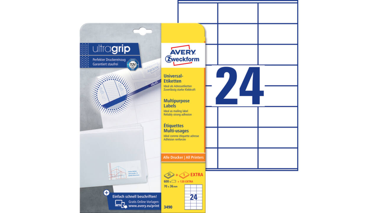 Etiket Avery Zweckform 3490 70x36mm wit 600stuks