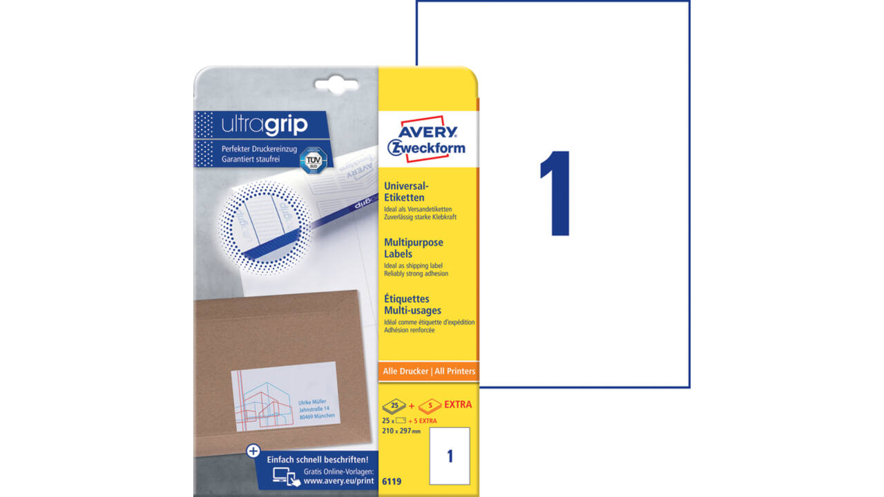 Etiket Avery Zweckform 6119 210x297mm A4 wit 25stuks