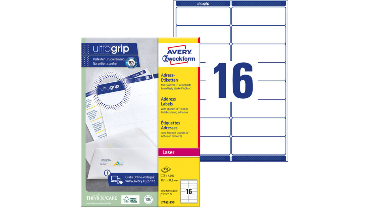 Etiket Avery L7162-250 99.1x33.9mm wit 4000stuks