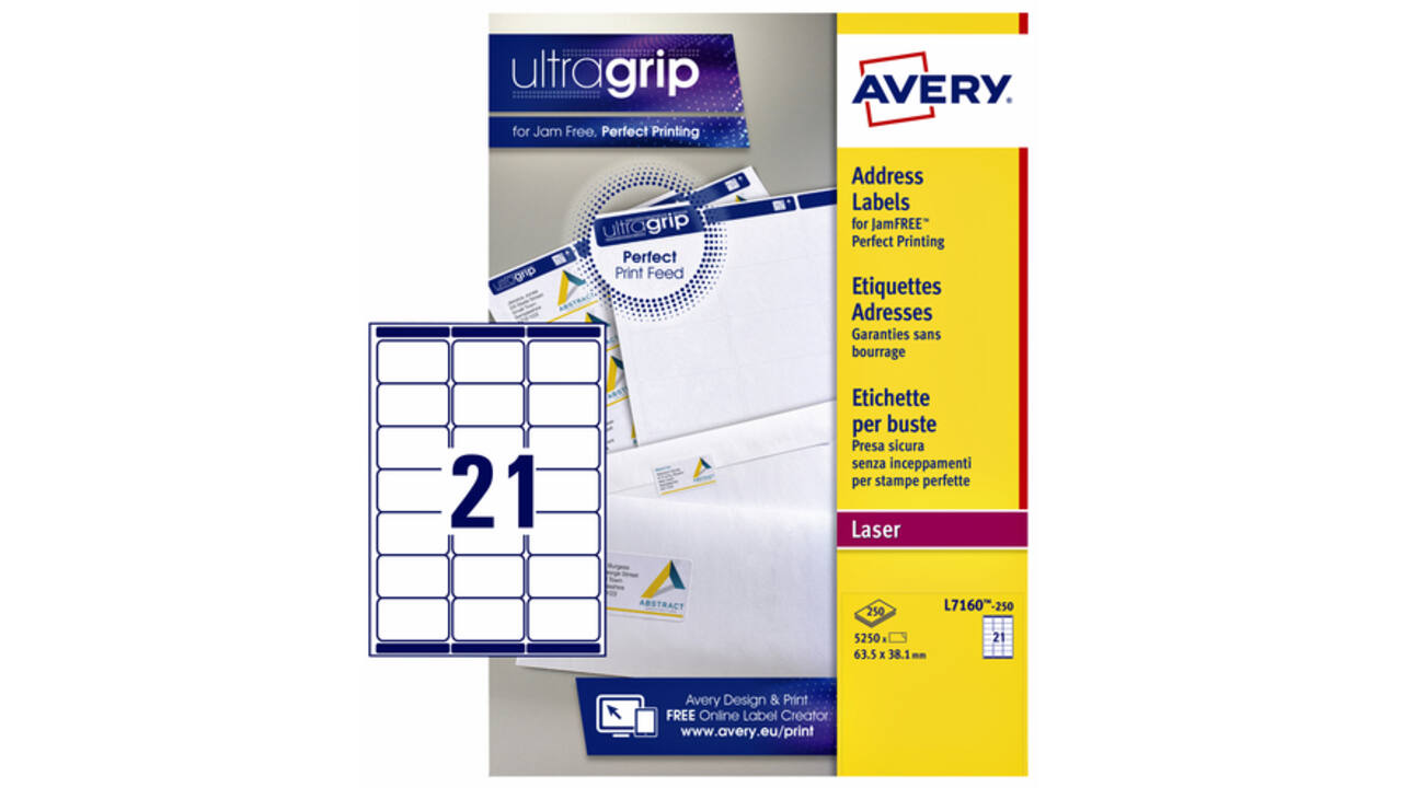 Etiket Avery L7160-250 63.5x38.1mm wit 5250stuks