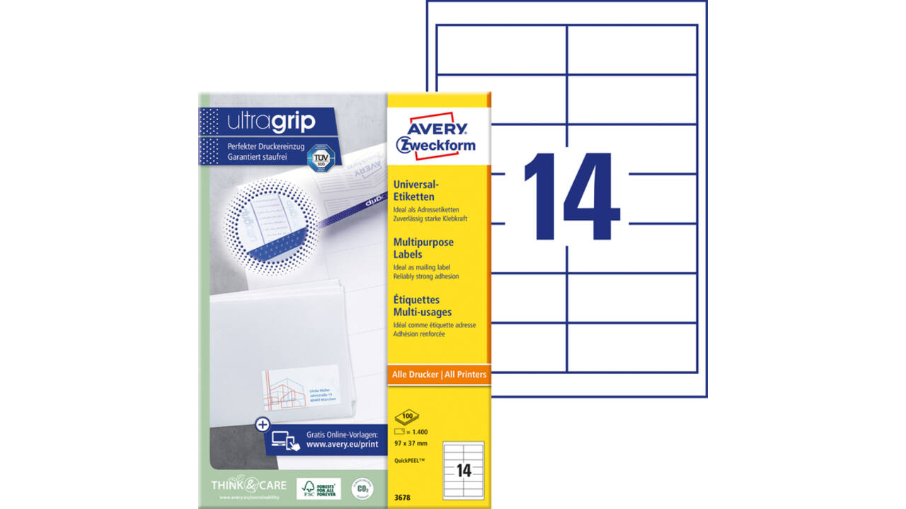 Etiket Avery Zweckform 3678 97x37mm wit 1400stuks