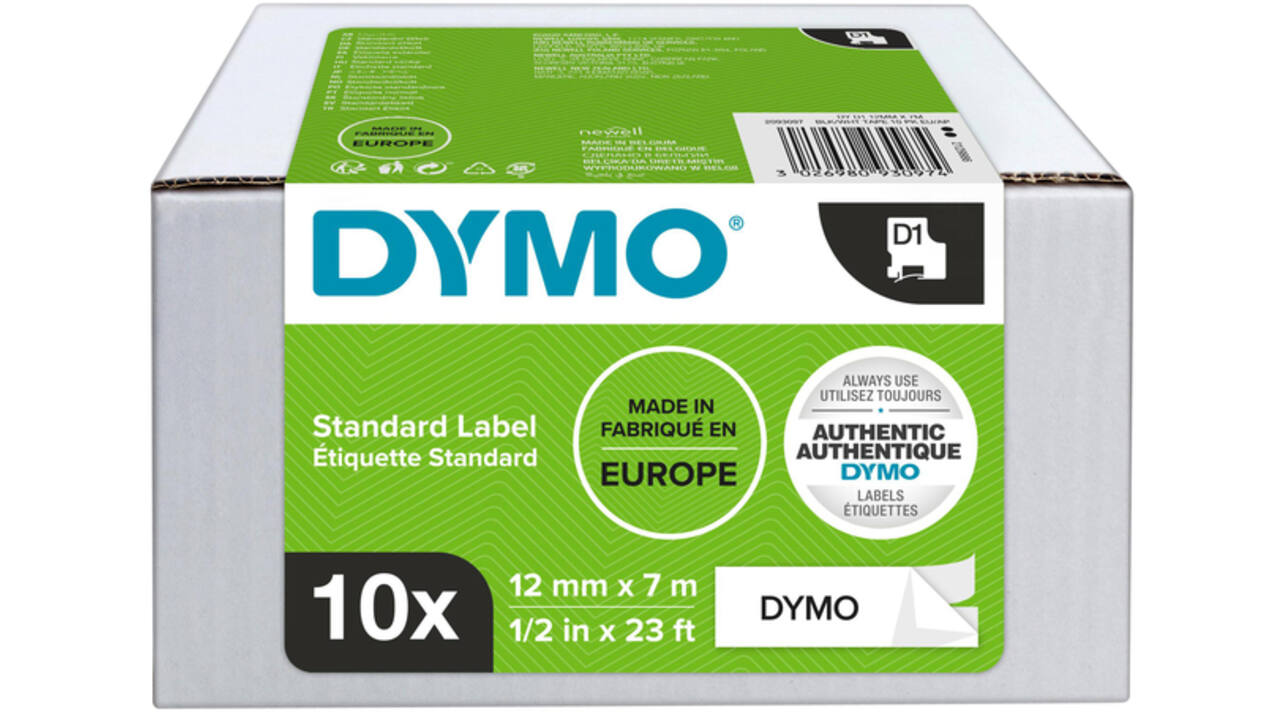 Labeltape Dymo LabelManager D1 polyester 12mm zwart op wit 10 stuks