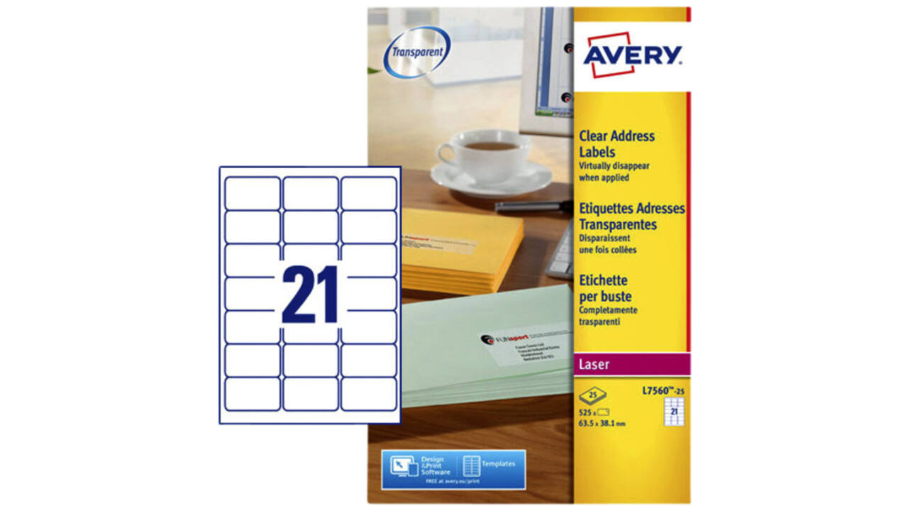 Etiket Avery L7560-25 63.5x38.1mm transparant 525stuks
