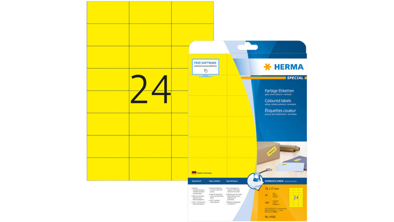 Etiket HERMA 4466 70x37mm verwijderbaar geel 480stuks