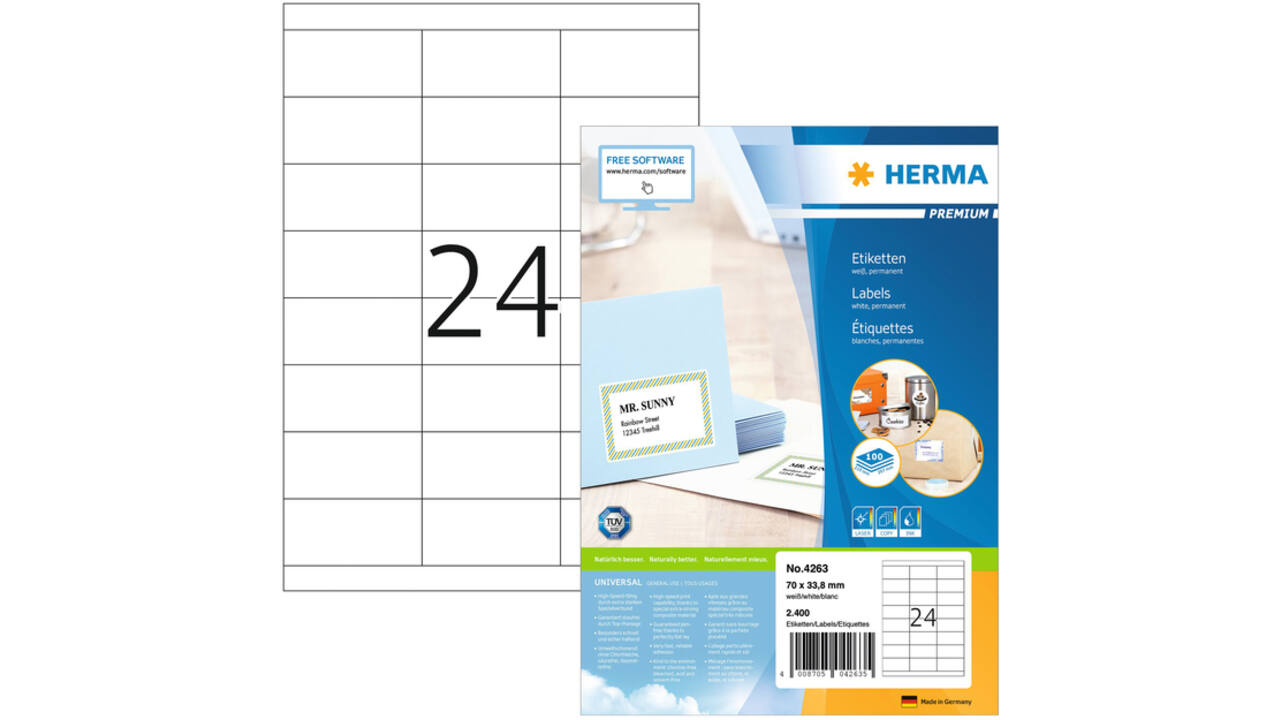 Etiket HERMA 4263 70x33.8mm premium wit 2400stuks