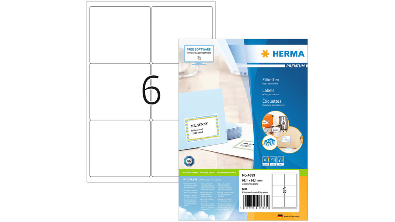 Etiket HERMA 4653 99.1x93,1mm premium wit 600stuks