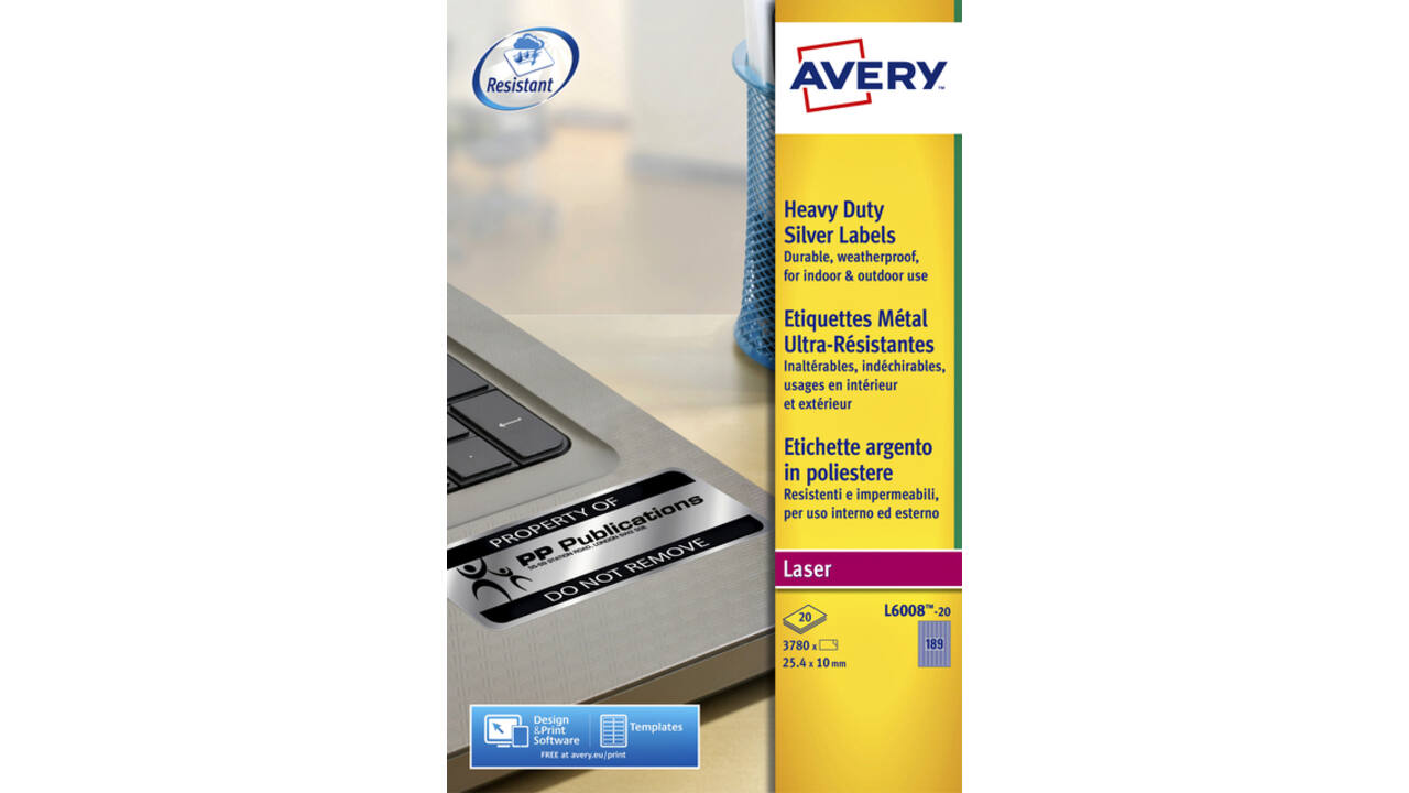 Etiket Avery L6008-20 25.4x10mm zilver 3780stuks