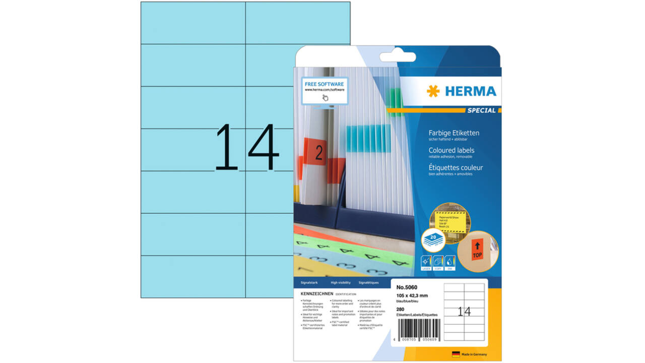 Etiket HERMA 5060 105x42.3mm verwijderbaar blauw 280stuks
