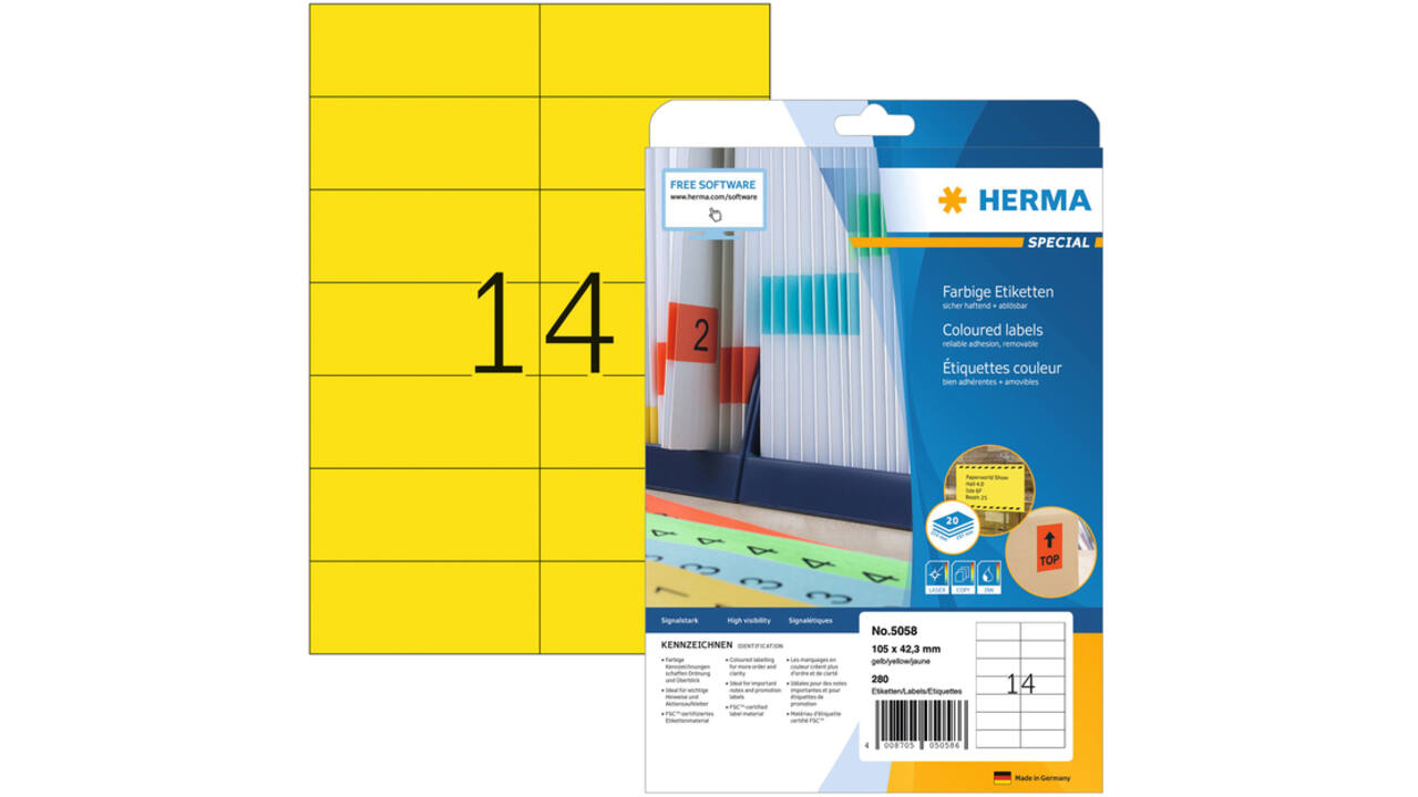 Etiket HERMA 5058 105x42.3mm verwijderbaar geel 280stuks