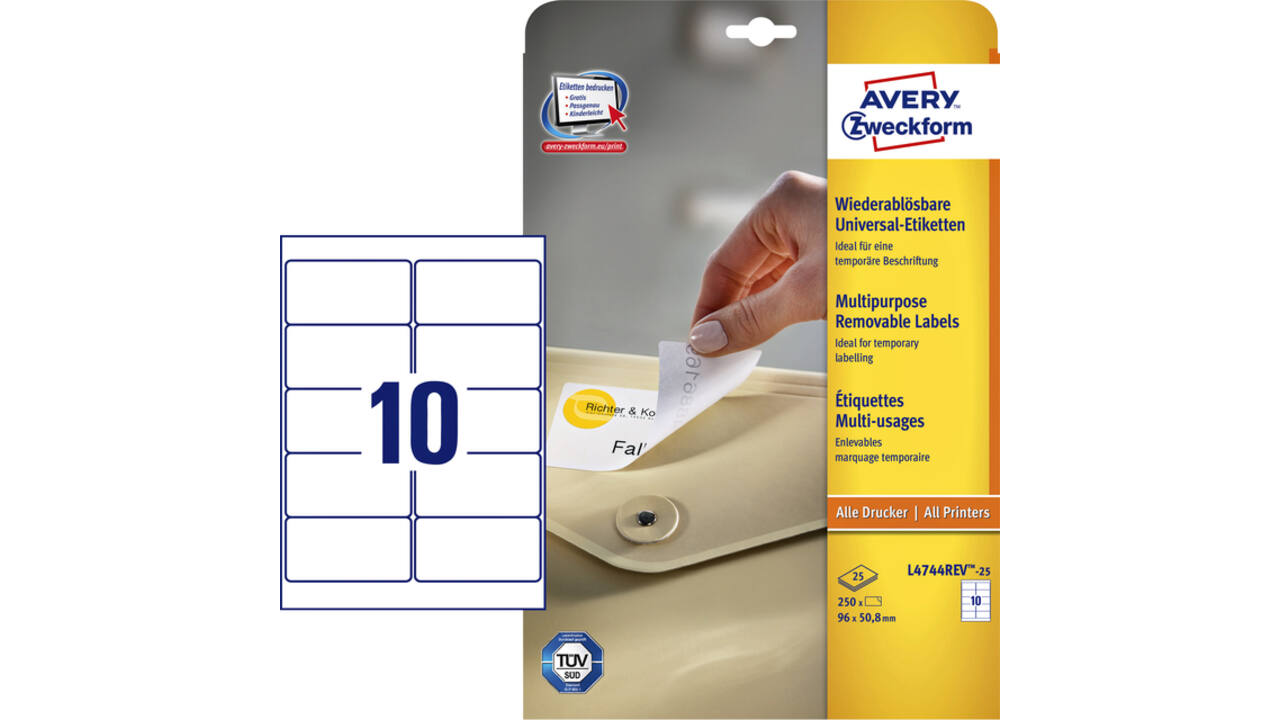 Etiket Avery Zweckform L4744REV-25 96x50.8mm afneembaar wit 250stuks