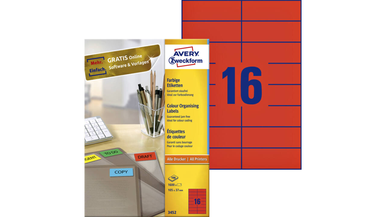 Etiket Avery Zweckform 3452 105x37mm rood 1600stuks