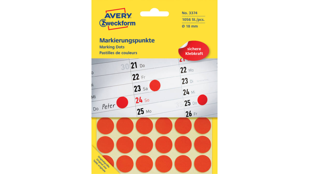 Etiket Avery Zweckform 3374 rond 18mm 1056stuks rood