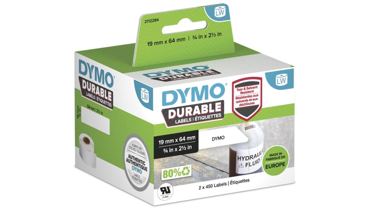 Etiket Dymo LabelWriter industrieel 19x64mm 2 rollen á 450 stuks wit