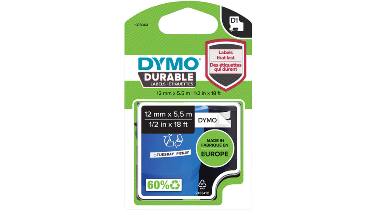 Labeltape Dymo LabelManager D1 polyester 12mm duurzaam zwart op wit