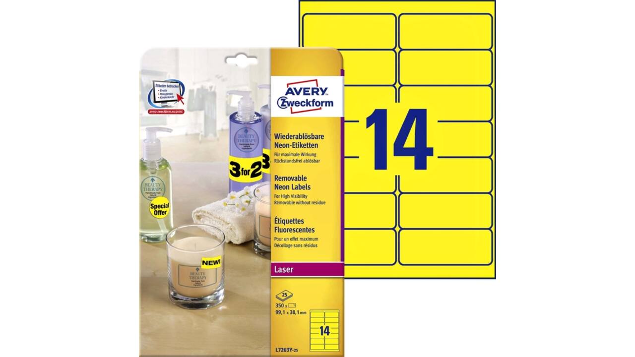 Etiket Avery L7263Y-100 99.1x38.1mm neon geel 1400stuks