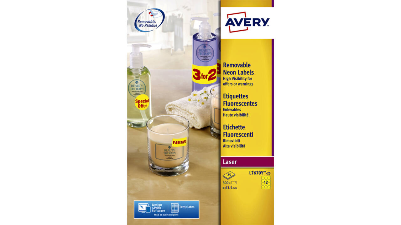 Etiket Avery L7670-25 63.5mm rond neon geel 300stuks