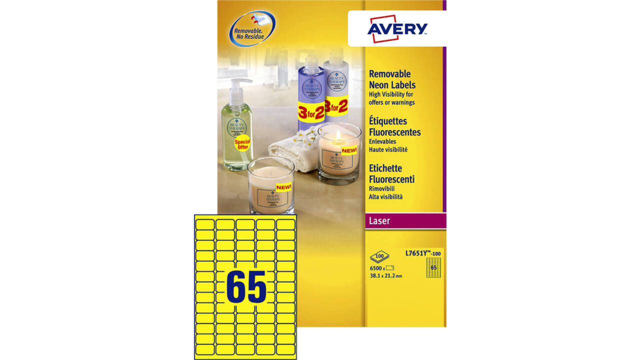 Etiket Avery L7651Y-100 38.1x21.2mm neon geel 6500stuks