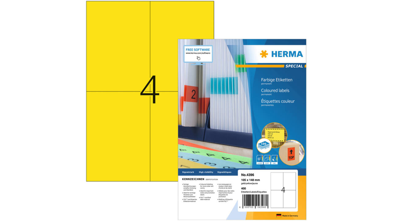 Etiket HERMA 4396 105x148mm A6 geel 400stuks