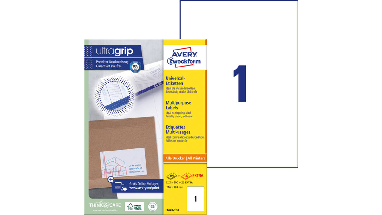 Etiket Avery Zweckform 3478-200 210x297mm A4 wit 200stuks