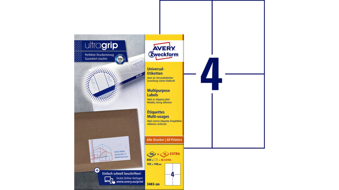 Etiket Avery Zweckform 3483-200 105x148mm A6 wit 800stuks