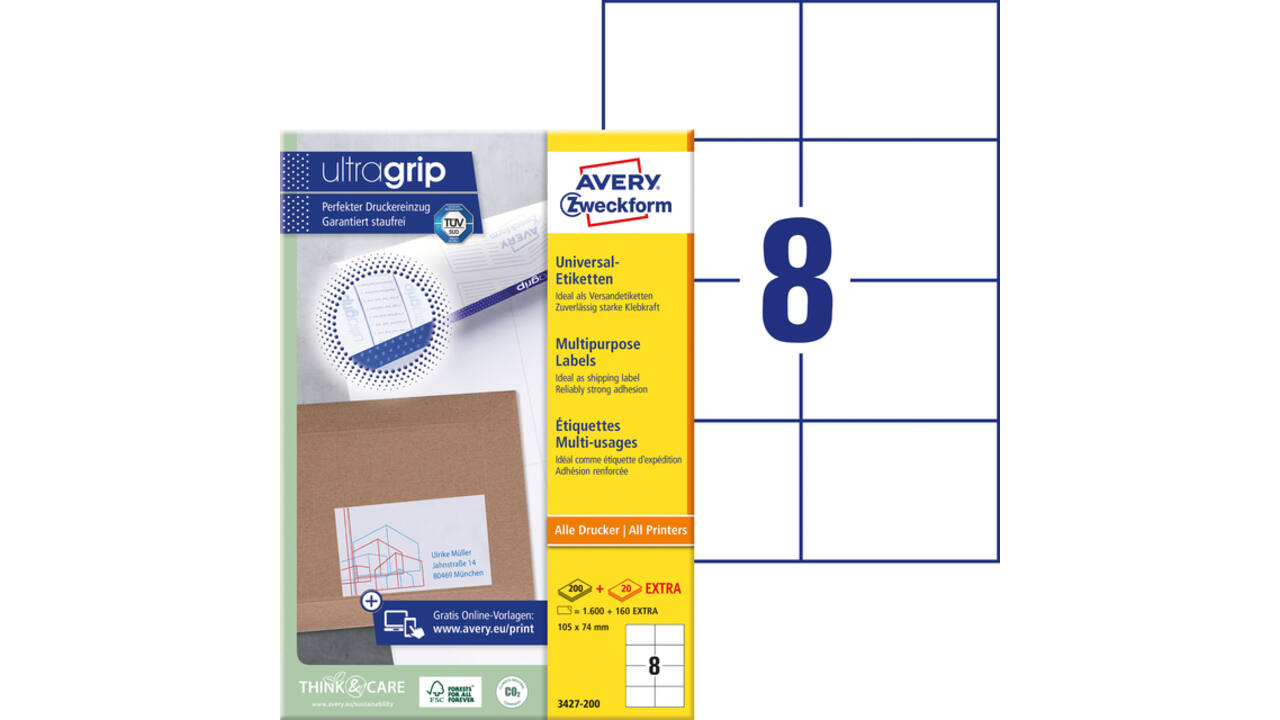 Etiket Avery Zweckform 3427-200 105x74mm wit 1600stuks