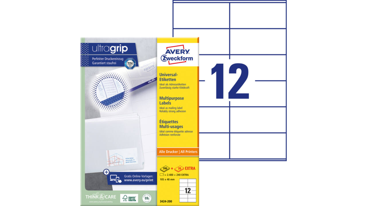 Etiket Avery Zweckform 3424-200 105x48mm wit 2400stuks