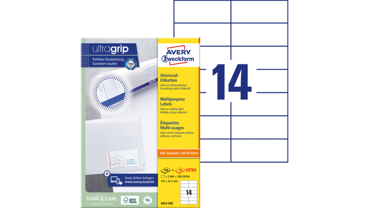 Etiket Avery Zweckform 3653-200 105x42.3mm wit 2800stuks