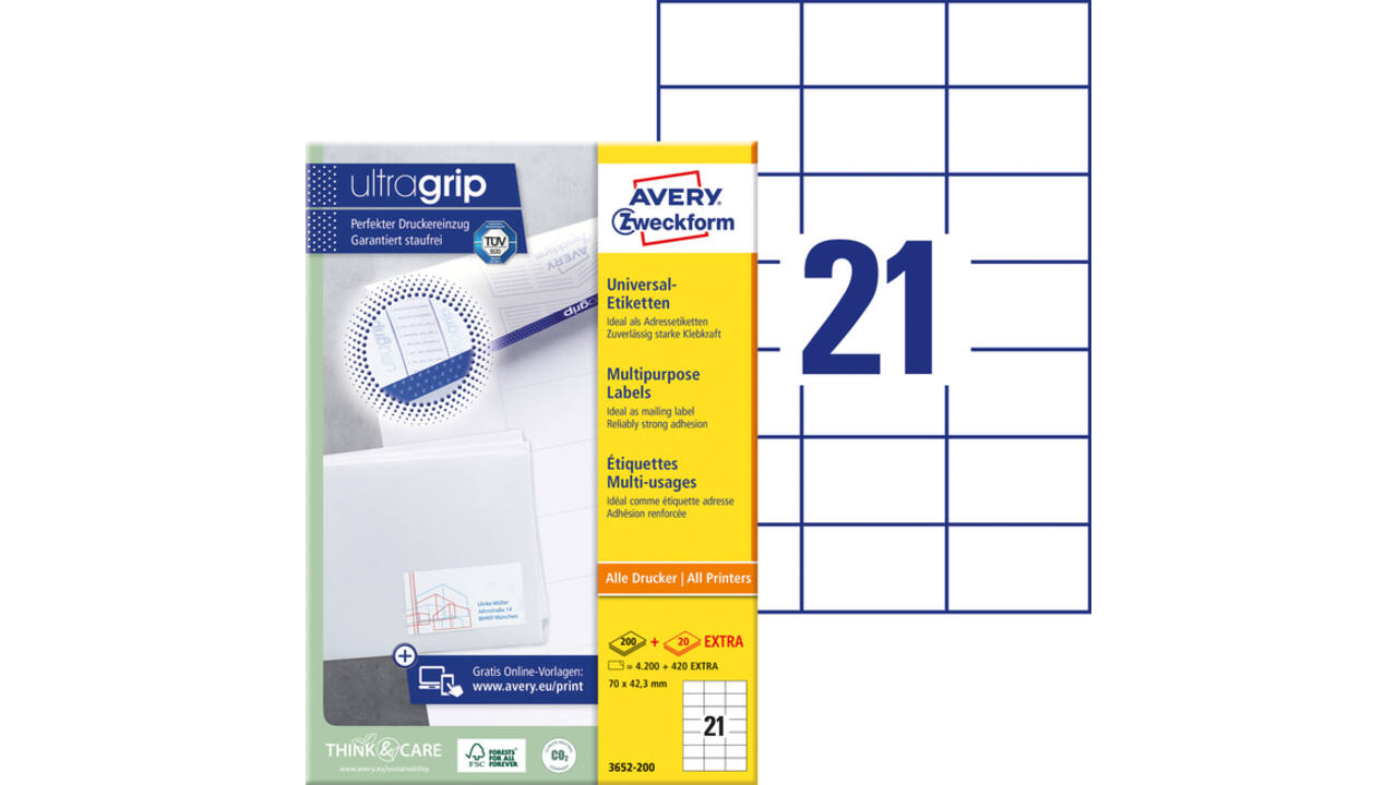Etiket Avery Zweckform 3652-200 70x42.3mm wit 4200stuks
