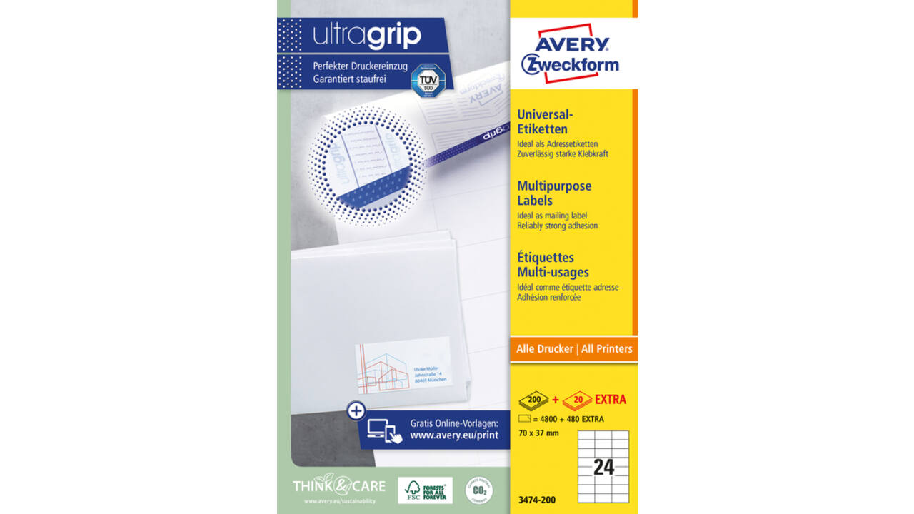 Etiket Avery Zweckform 3474-200 70x37mm wit 4800stuks
