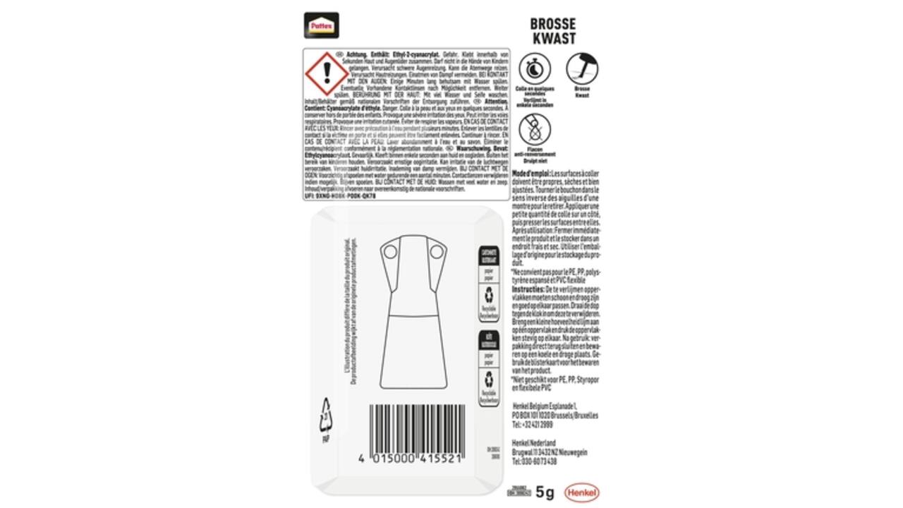 Secondelijm Pattex met kwast flacon 5gram op blister