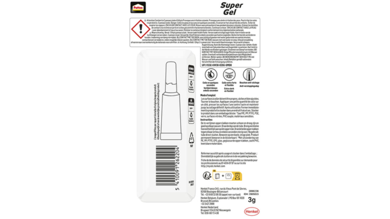 Secondelijm Pattex super gel tube 3gram op blister